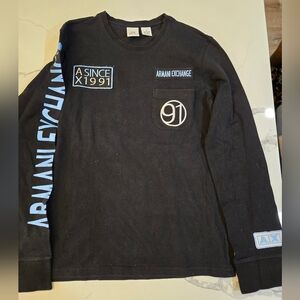 Vintage Armani Exchange Black Cotton Long T Shirt with Blue Details Men's Small